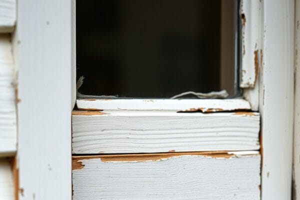 Peeling white paint and exposed rotted wood on an old exterior window sill