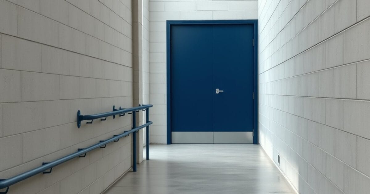 A pale gray concrete block corridor with a dark blue steel door and a blue steel handrail