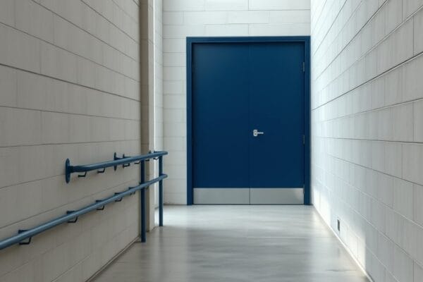 A pale gray concrete block corridor with a dark blue steel door and a blue steel handrail