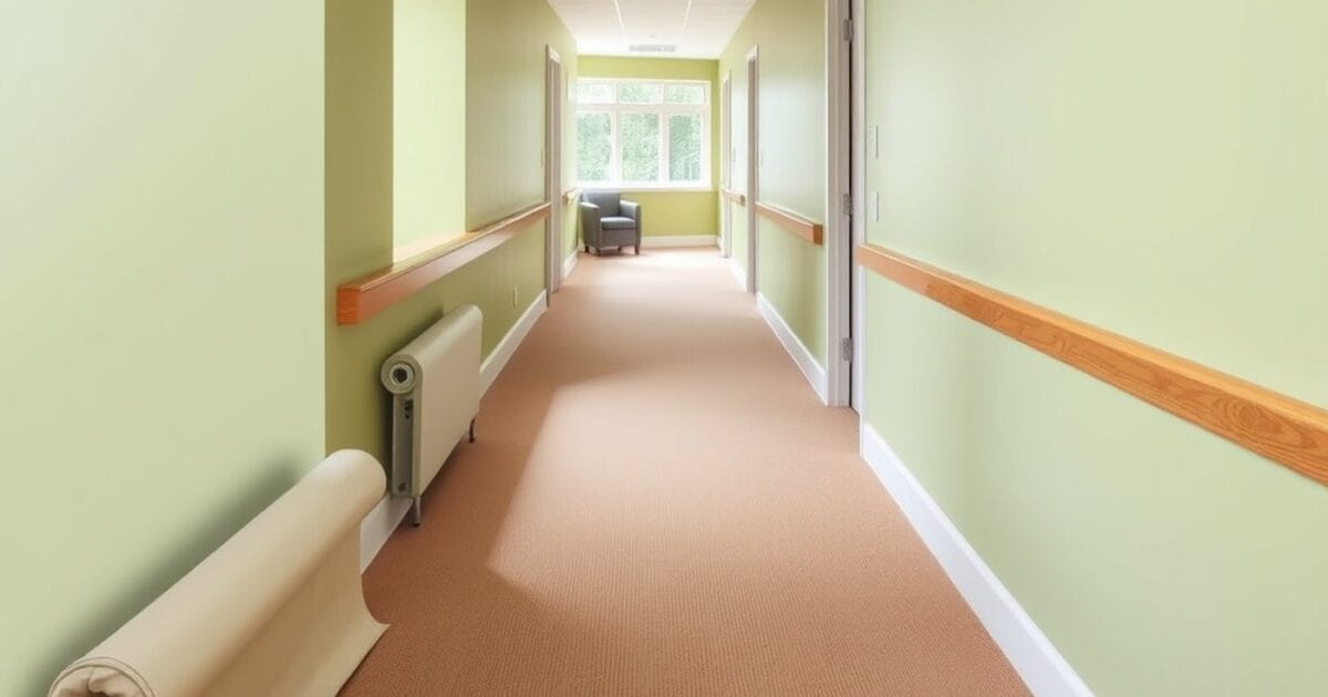 A sage green care home corridor with a wooden handrail, carpet runner and a rolled drop cloth