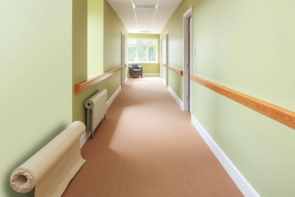 A sage green care home corridor with a wooden handrail, carpet runner and a rolled drop cloth