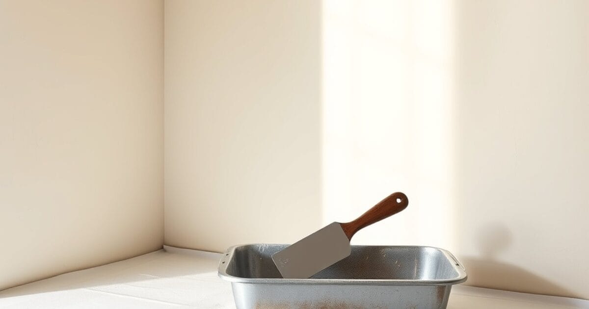 A smooth pale interior wall in side light with a taping knife resting in a mud pan