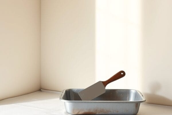 A smooth pale interior wall in side light with a taping knife resting in a mud pan