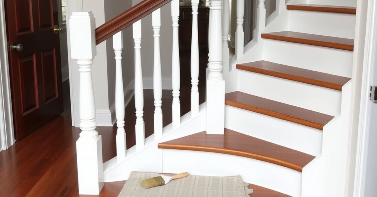 A staircase with white turned balusters, a dark stained handrail and a brush on a drop cloth on the bottom step