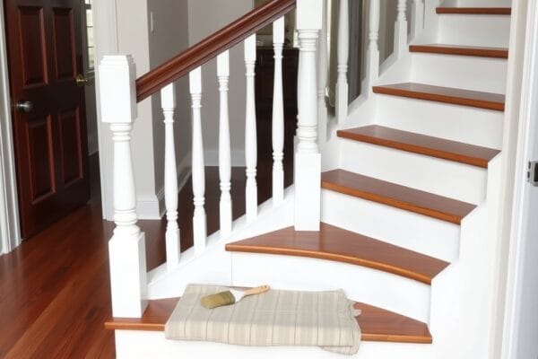 A staircase with white turned balusters, a dark stained handrail and a brush on a drop cloth on the bottom step