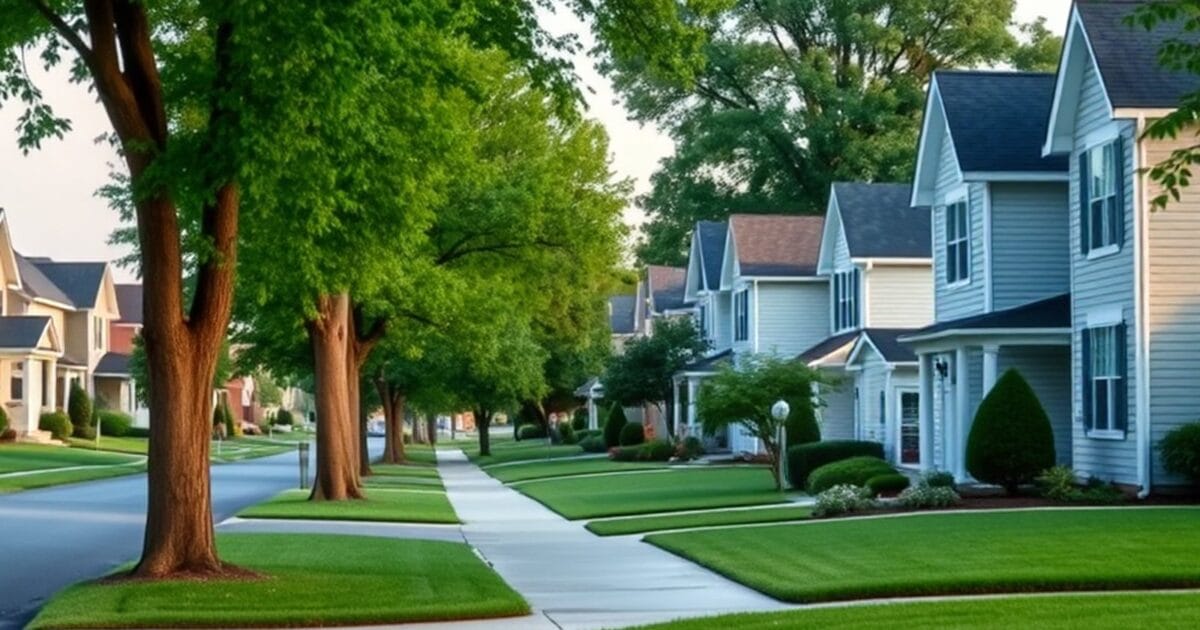 A leafy suburban sidewalk running past a row of pale clapboard houses with mown front lawns