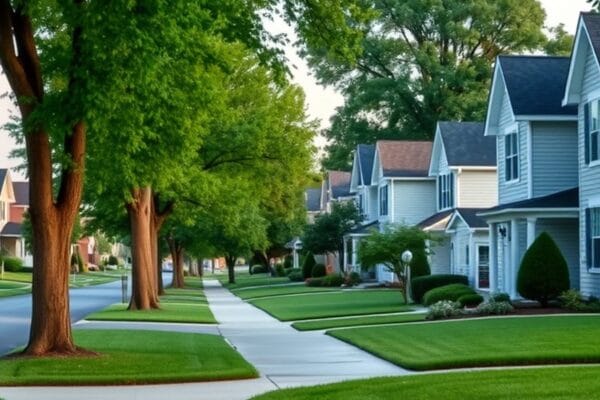 A leafy suburban sidewalk running past a row of pale clapboard houses with mown front lawns