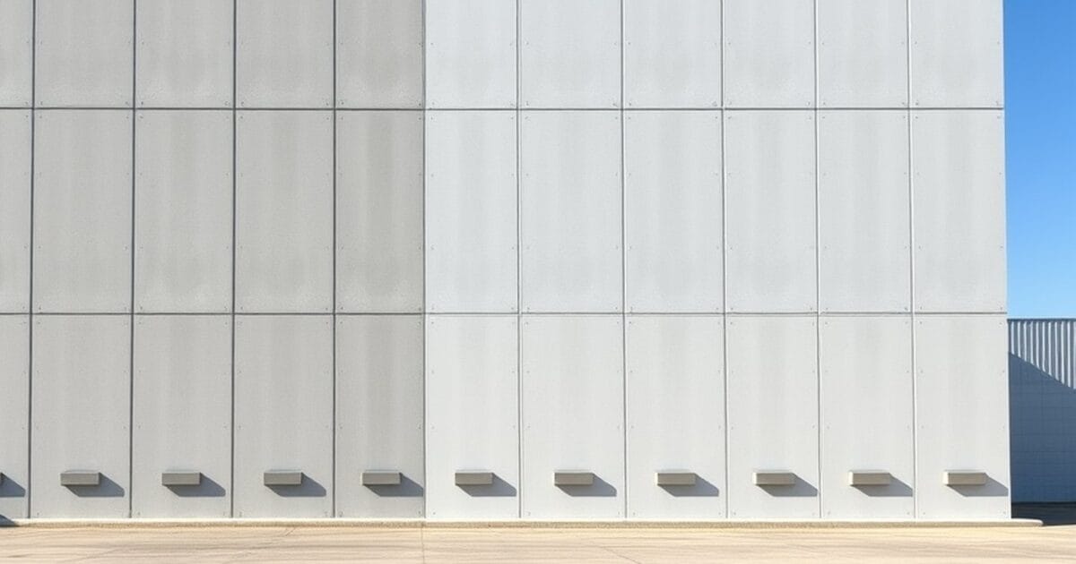 A tall concrete tilt up warehouse wall with vertical panel joints under a clear blue sky