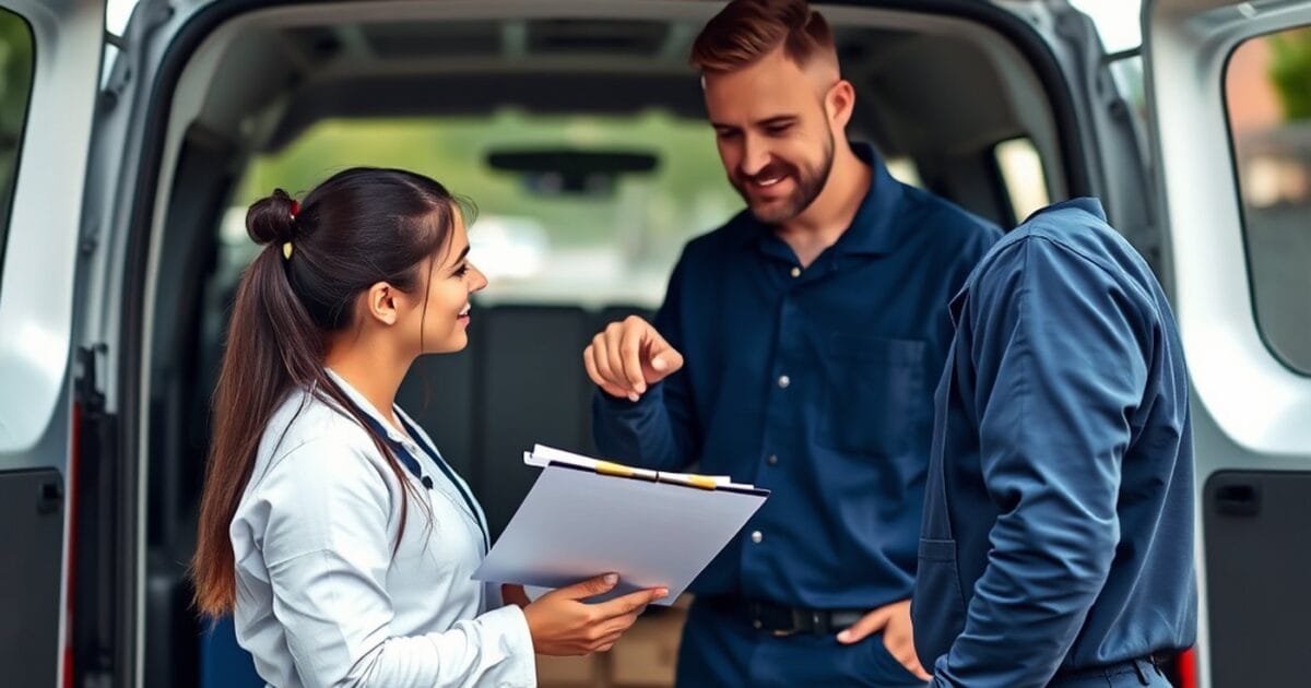 Two people reviewing paperwork at the open back of a work van