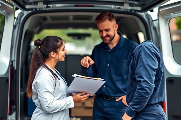 Two people reviewing paperwork at the open back of a work van