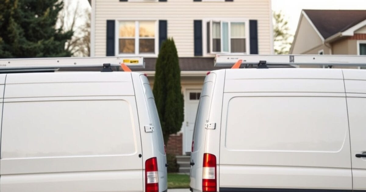Two unmarked work vans with roof ladders parked on the driveway of a suburban house