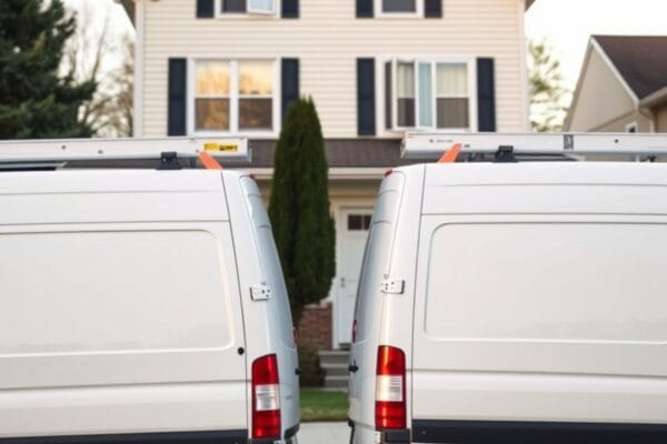 Two unmarked work vans with roof ladders parked on the driveway of a suburban house