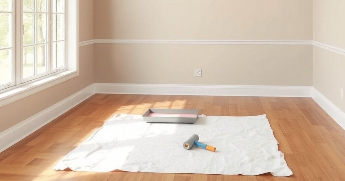 An empty living room freshly painted greige with white trim and a roller and tray on a drop cloth