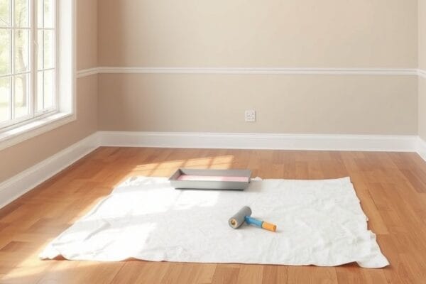 An empty living room freshly painted greige with white trim and a roller and tray on a drop cloth