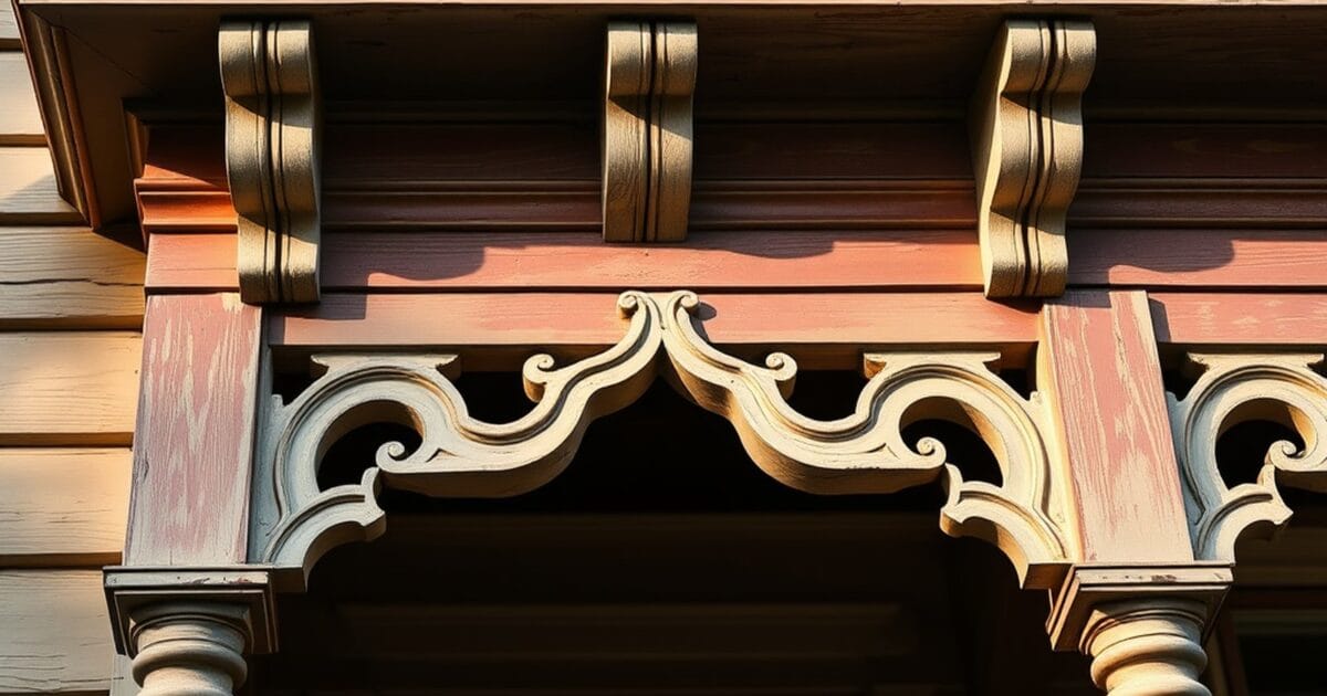 Ornate wooden brackets and trim on the exterior of an old Victorian house