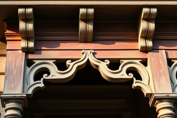 Ornate wooden brackets and trim on the exterior of an old Victorian house
