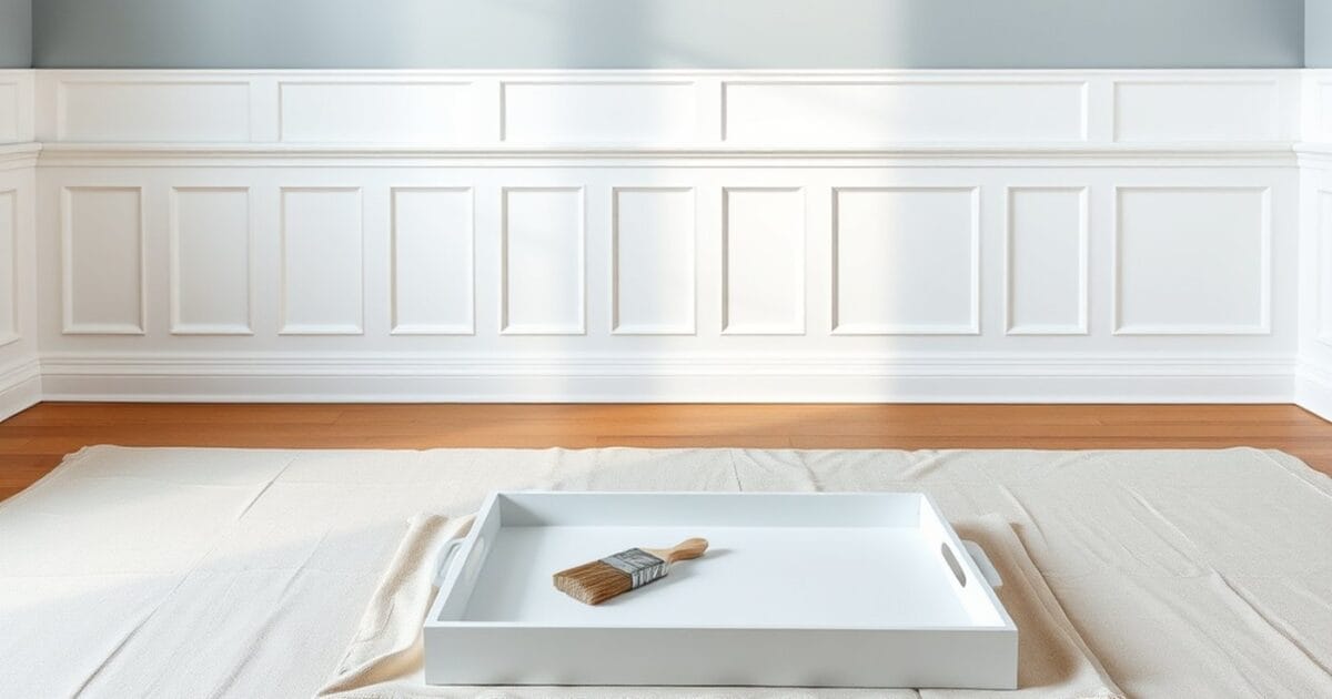 White panel wainscoting below a blue gray wall with a brush resting in a tray on a drop cloth