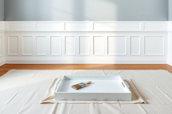 White panel wainscoting below a blue gray wall with a brush resting in a tray on a drop cloth