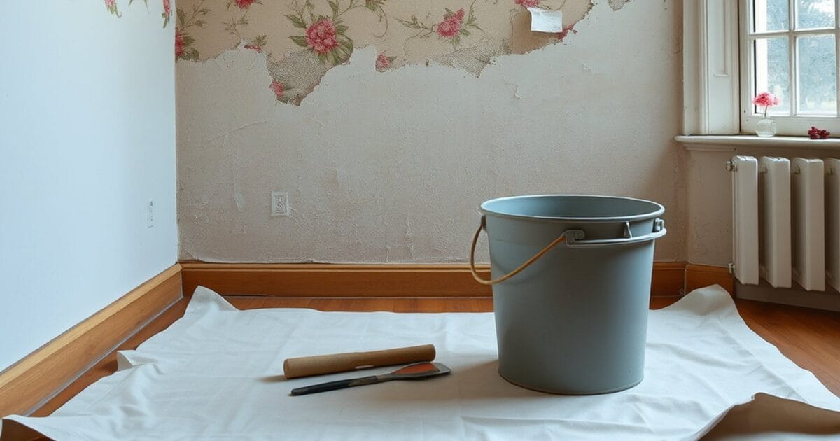 A floral wallpapered wall partly stripped, with a bucket and scraper on a drop cloth
