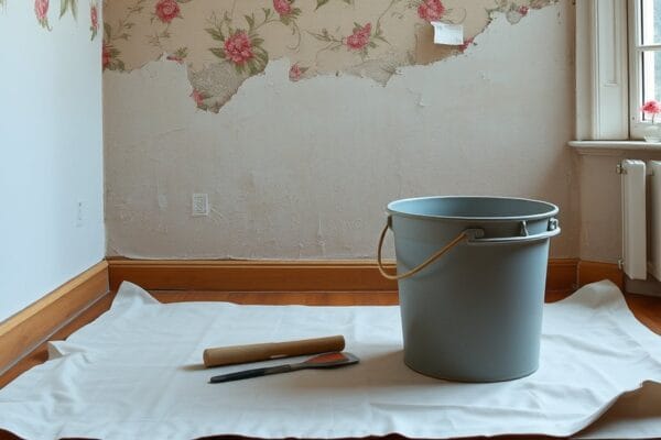 A floral wallpapered wall partly stripped, with a bucket and scraper on a drop cloth