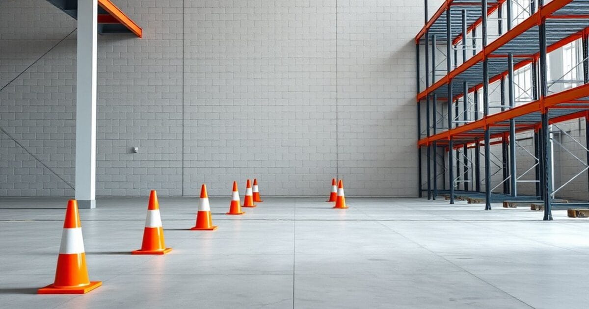A warehouse with a pale gray block wall, empty steel racking and orange cones marking off an aisle
