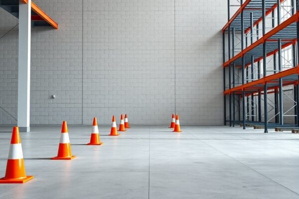 A warehouse with a pale gray block wall, empty steel racking and orange cones marking off an aisle