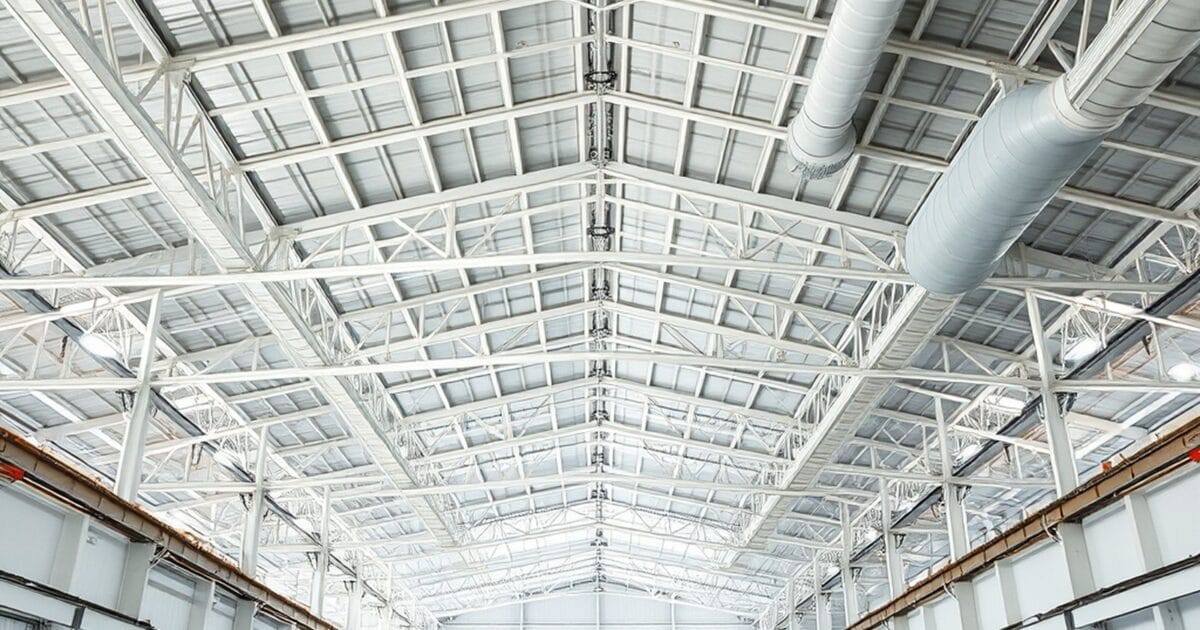 A warehouse with white painted trusses and ductwork above pallets covered in drop cloths
