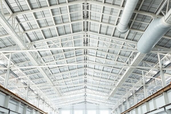 A warehouse with white painted trusses and ductwork above pallets covered in drop cloths