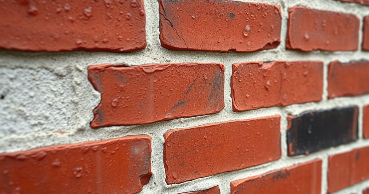 Water droplets beading on the face of an old red brick wall