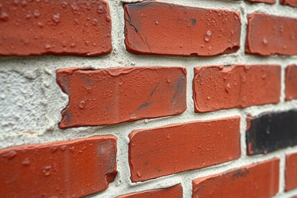 Water droplets beading on the face of an old red brick wall