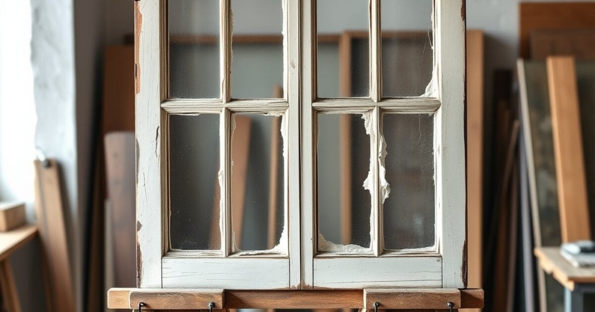 An old white wooden window sash with cracked putty standing on sawhorses in a workshop