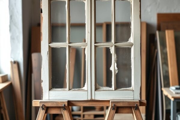 An old white wooden window sash with cracked putty standing on sawhorses in a workshop