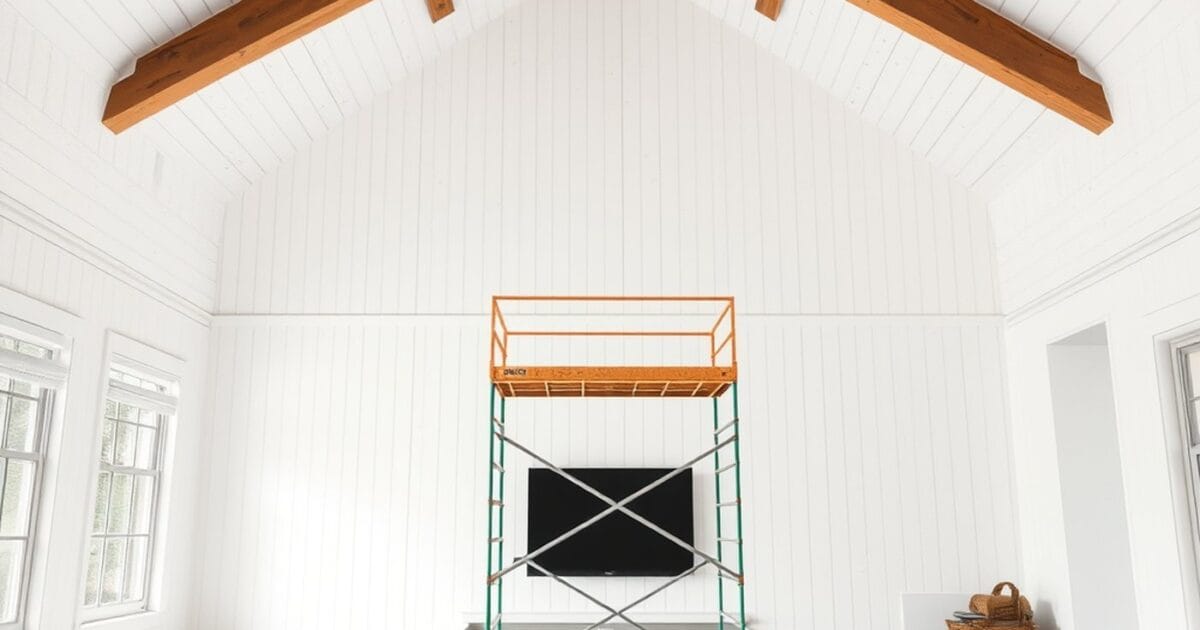 A vaulted white plank ceiling with stained wood beams and a rolling scaffold tower on a covered floor