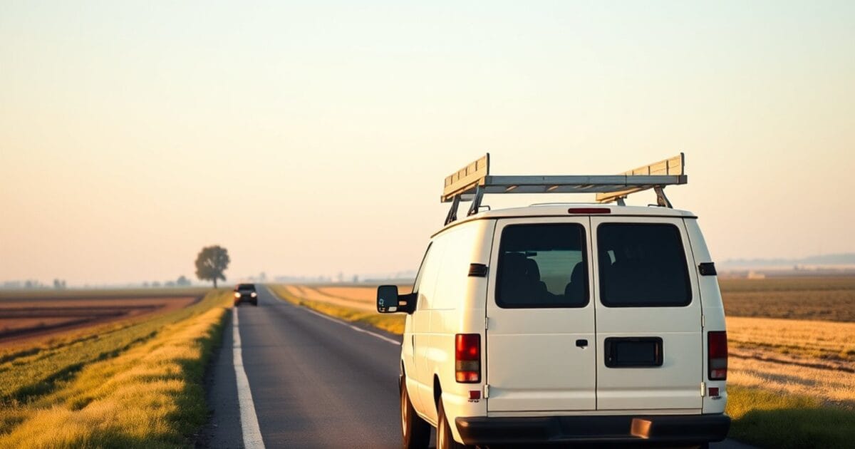 An unmarked white work van with ladders on the roof driving along an empty rural road