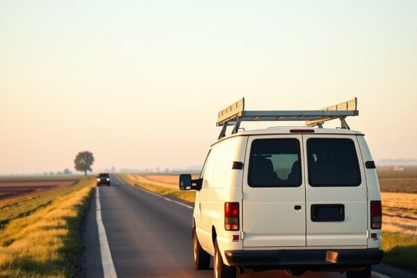 An unmarked white work van with ladders on the roof driving along an empty rural road