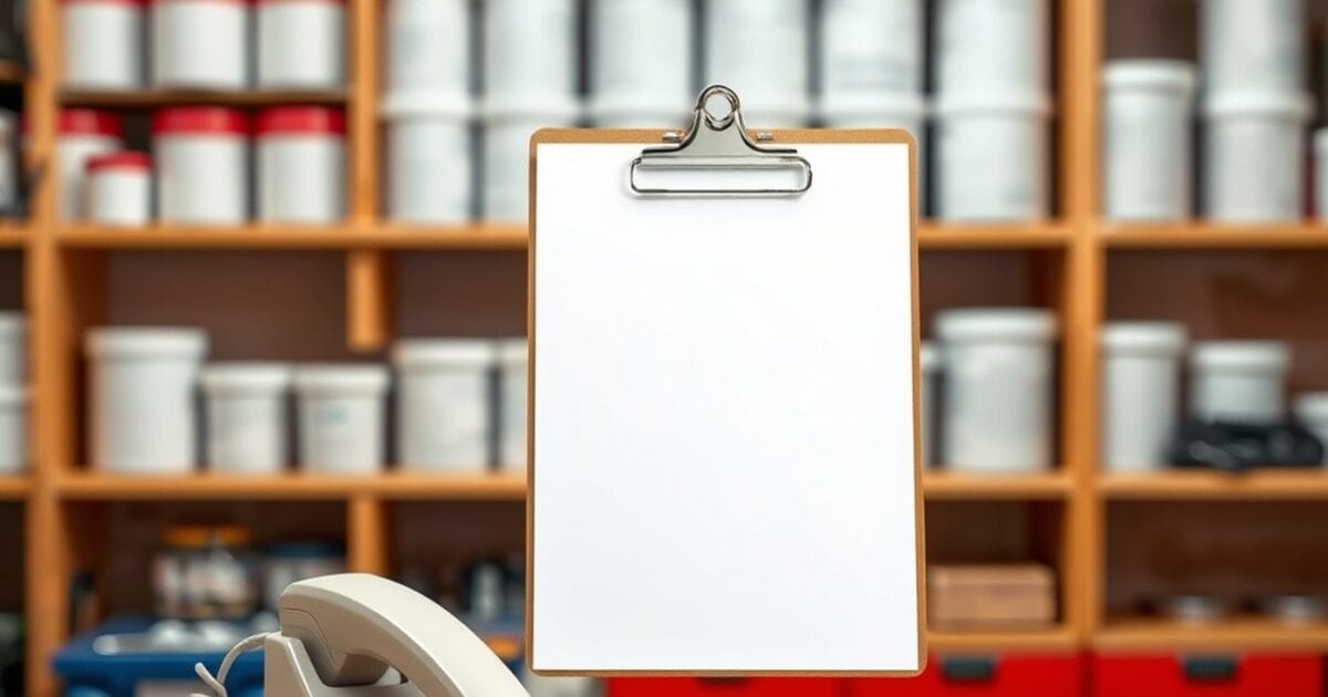 A blank clipboard and a corded telephone on a paint shop bench in front of shelves of plain cans