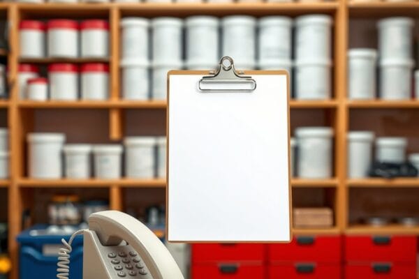 A blank clipboard and a corded telephone on a paint shop bench in front of shelves of plain cans