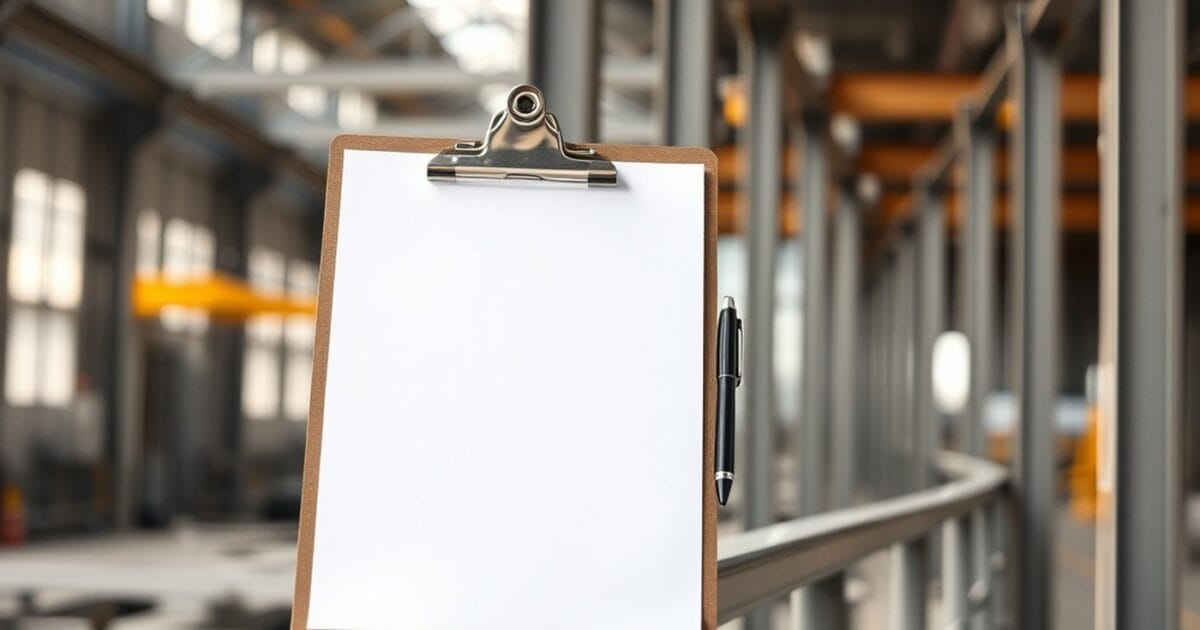 A clipboard with a blank sheet resting on a freshly painted grey steel handrail inside an industrial building