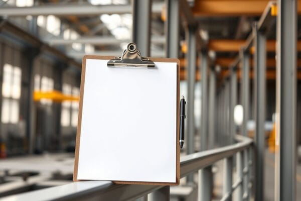 A clipboard with a blank sheet resting on a freshly painted grey steel handrail inside an industrial building