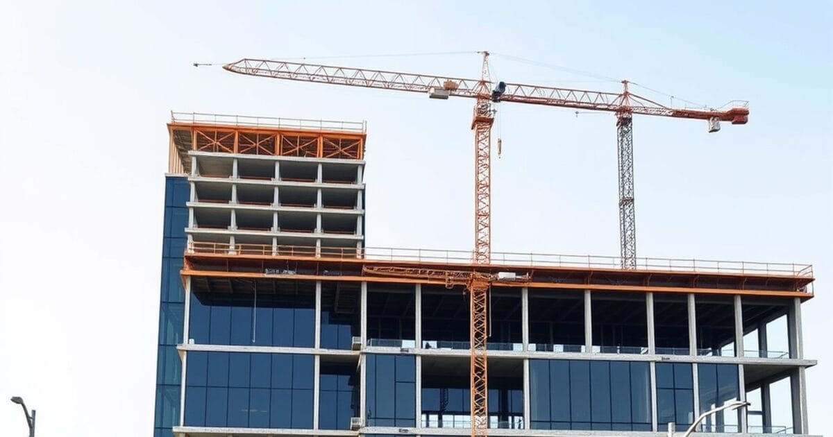 A multi story commercial building under construction with a steel frame, glazing and two tower cranes