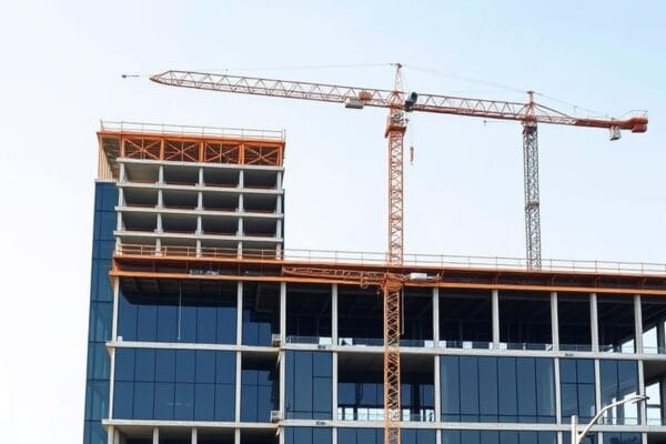 A multi story commercial building under construction with a steel frame, glazing and two tower cranes