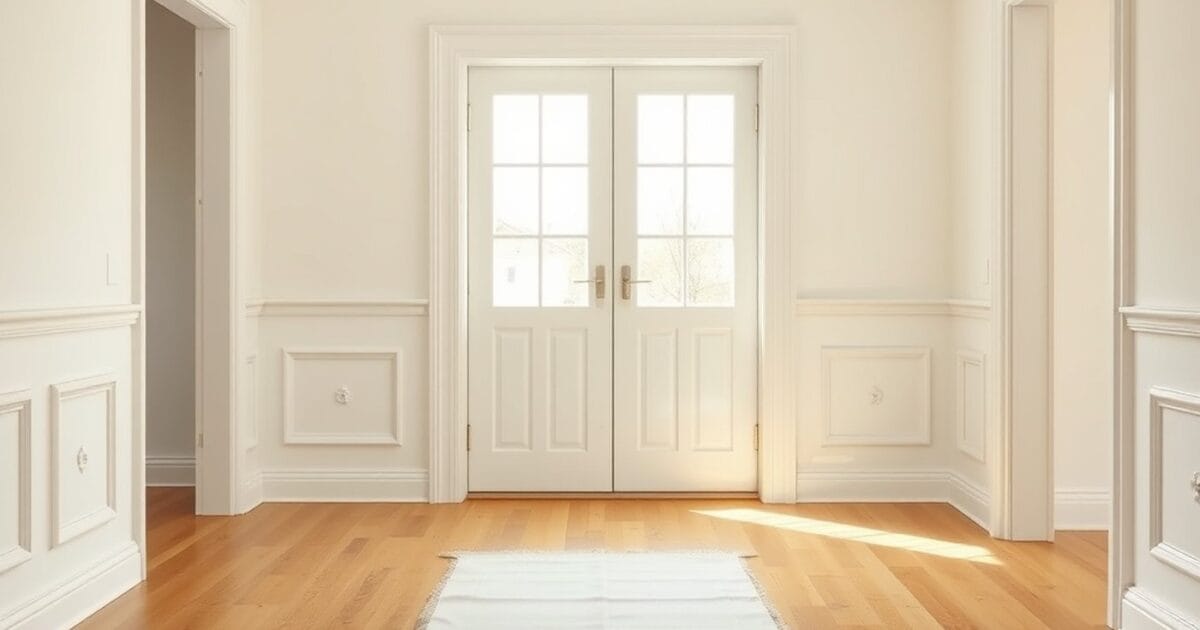 A freshly painted empty dining room with white trim and wood floors, house keys on a drop cloth by the door