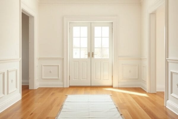 A freshly painted empty dining room with white trim and wood floors, house keys on a drop cloth by the door
