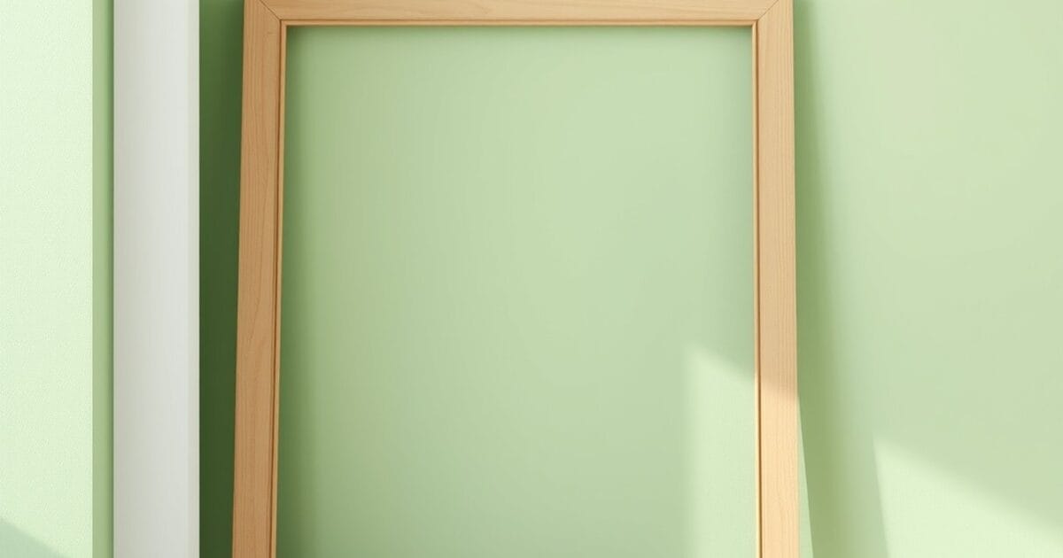An empty wooden picture frame leaning against a freshly painted green wall with a tray of screws on the floor