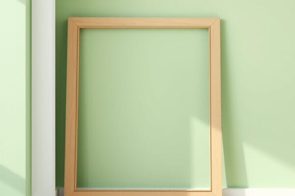 An empty wooden picture frame leaning against a freshly painted green wall with a tray of screws on the floor