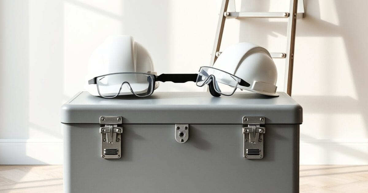 Two white hard hats and safety glasses on a grey steel job box beside a stepladder in a room being painted