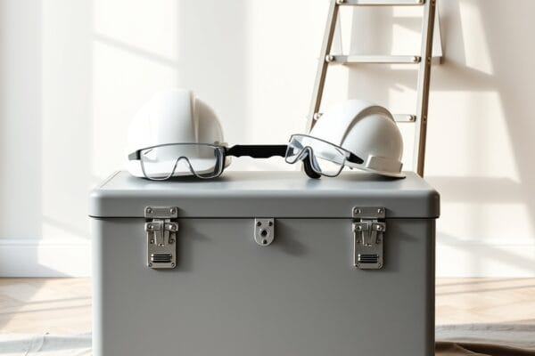 Two white hard hats and safety glasses on a grey steel job box beside a stepladder in a room being painted