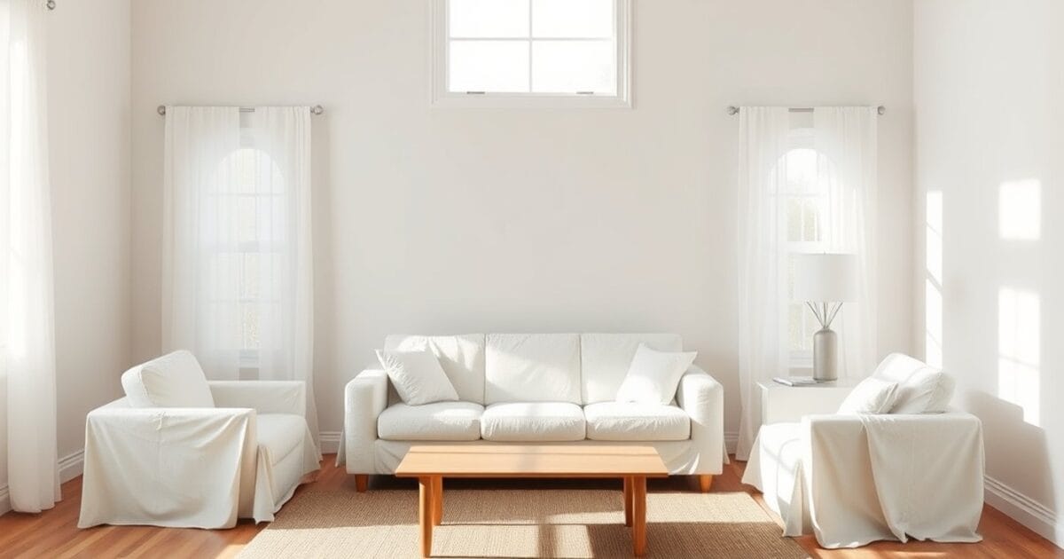 A bright living room with the sofa and chairs covered in white drop cloths and the walls cleared, ready for painters