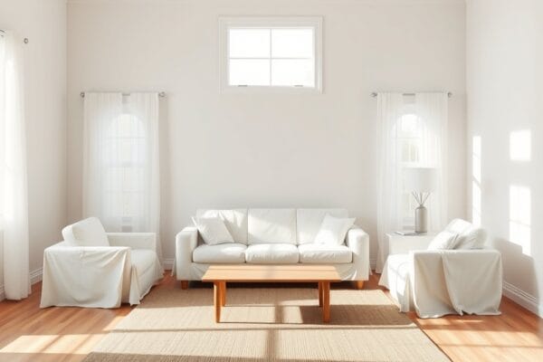 A bright living room with the sofa and chairs covered in white drop cloths and the walls cleared, ready for painters
