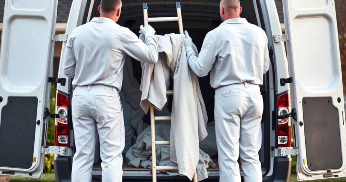 Two house painters in white work clothes unloading a stepladder and drop cloths from the back of a white van outside a house